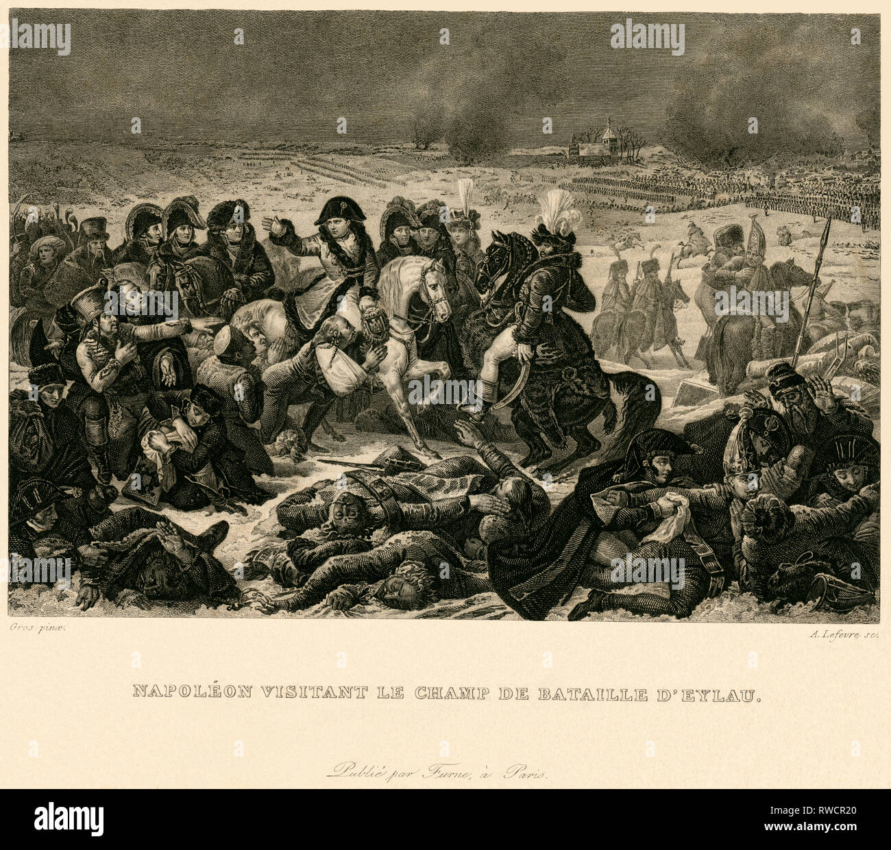 originaltext: "Napoleon visitant le champ de bataille d`Eylau (Napoleon on the battlefield at Eylau), steel engraving by Lefevre after Gros., Artist's Copyright has not to be cleared Stock Photo